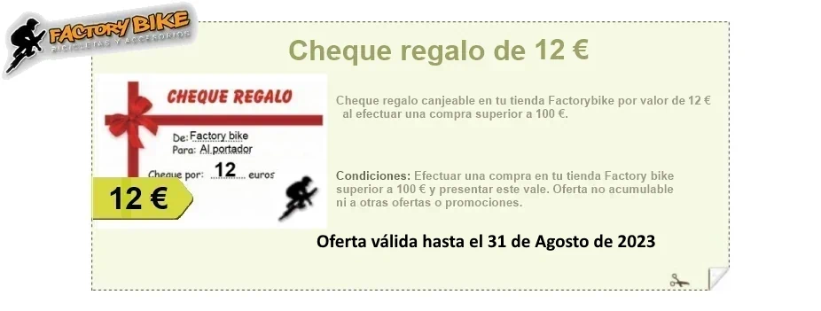 cheque regalo por 12€ en Factorybike tienda taller de bicicletas en Madrid Leganés y Vaguada Barrio del Pilar